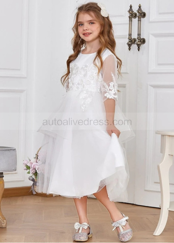 Ivory Pearl Beaded Embroidered Lace Tulle Flower Girl Dress